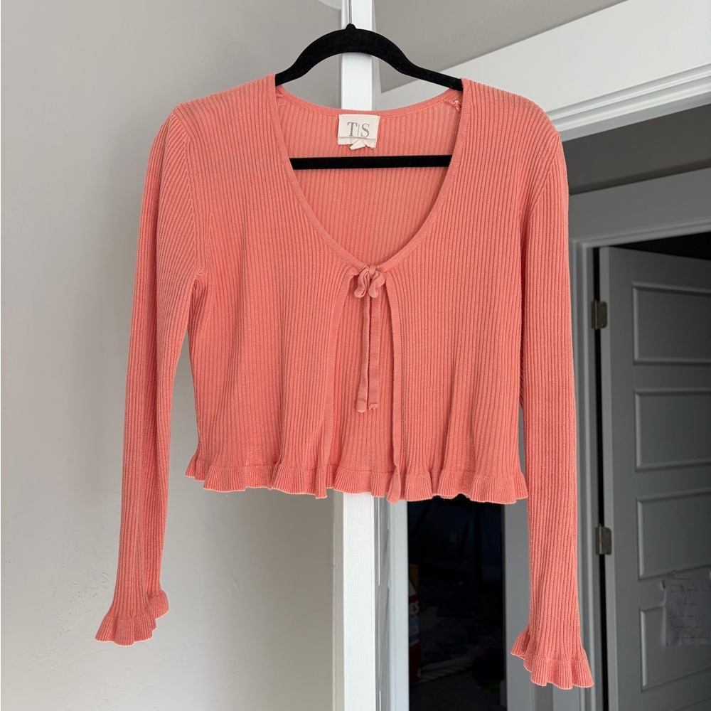 Ribbed Tie-Front Cardigan- Coral Pink